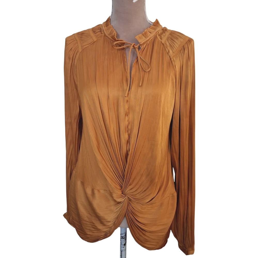 Grace+Karma Mustard Gold Pleated Twist Front Ruffle Tie Neck Blouse XL